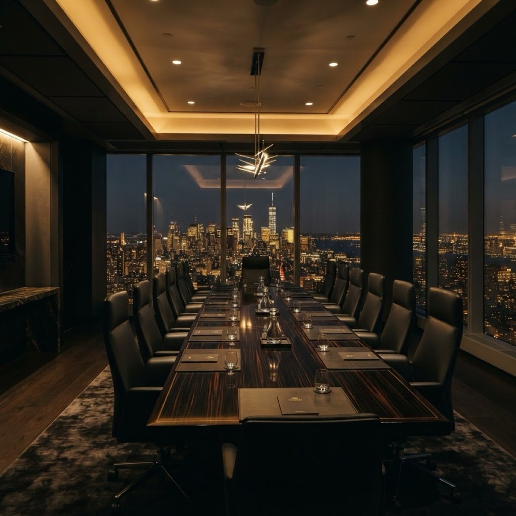 Executive boardroom overlooking a city skyline at night